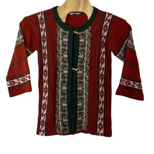 Vintage 70s Kmart Bohemian Fair Isle Knit Cardigan Size L Wooden Toggle Buttons